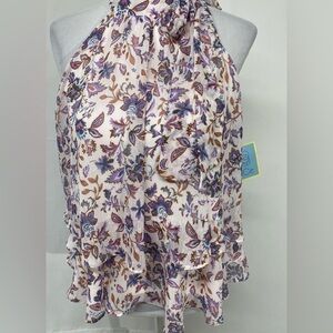 CeCe Floral Halter Ruffled Top in Cream, Purple, Brown